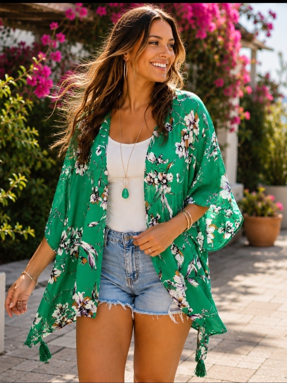 Maurices Green Floral Kimono Cardigan - One Size (Like-New)